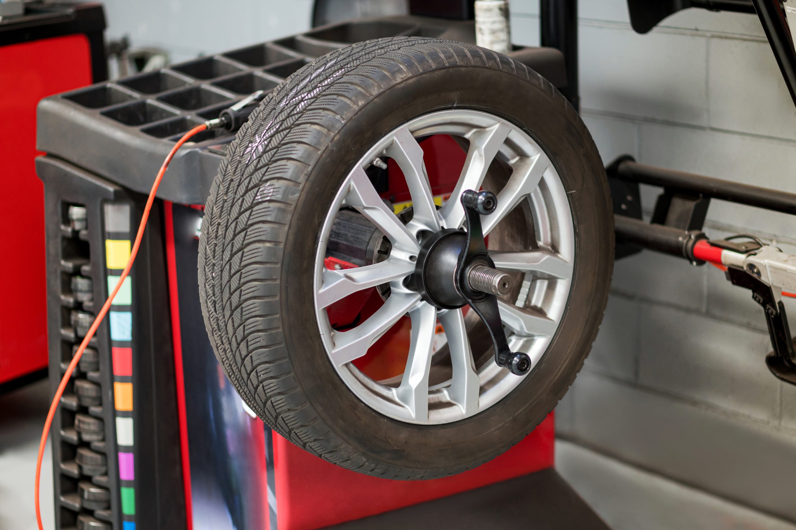 Wheel on rack in workshop