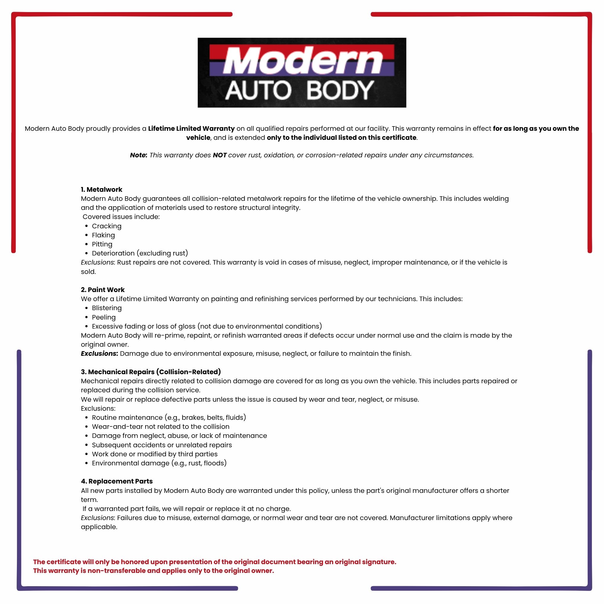Modern Auto Body Warranty